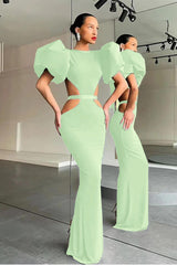 Black Mermaid Formal Dress Puff Sleeve Evening Dress