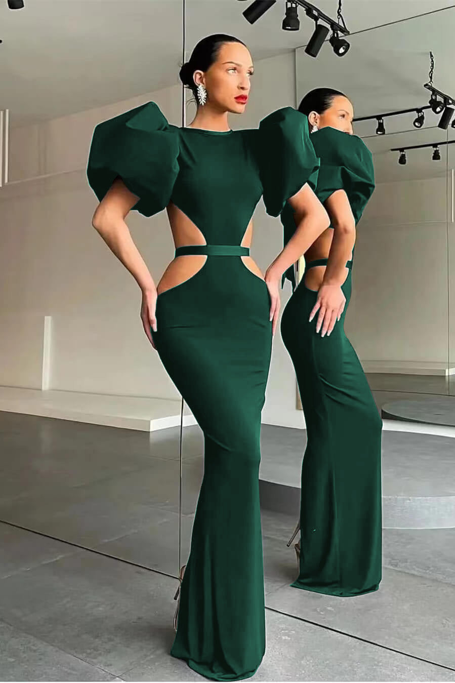 Black Mermaid Formal Dress Puff Sleeve Evening Dress