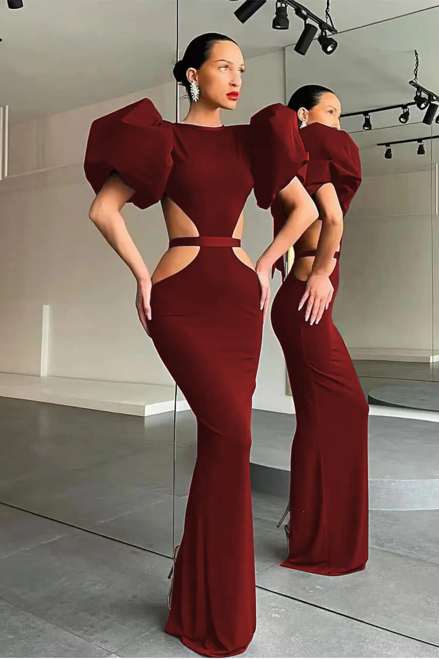 Black Mermaid Formal Dress Puff Sleeve Evening Dress