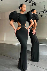 Black Mermaid Formal Dress Puff Sleeve Evening Dress