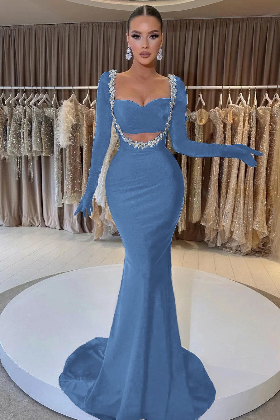 Black Mermaid Prom Dress Long Sleeve Sweetheart Beaded Formal Dress