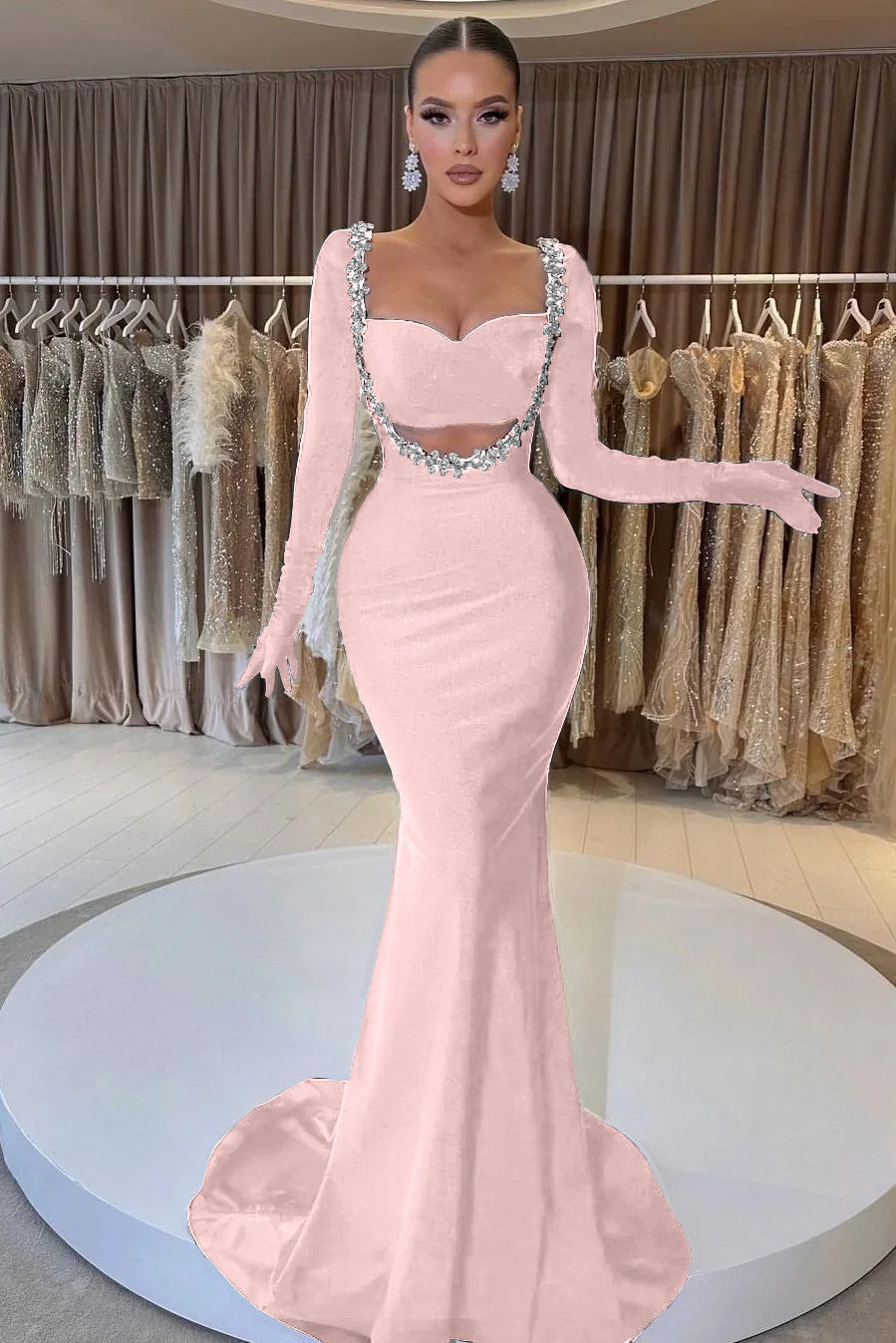 Black Mermaid Prom Dress Long Sleeve Sweetheart Beaded Formal Dress