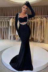 Black Mermaid Prom Dress Long Sleeve Sweetheart Beaded Formal Dress