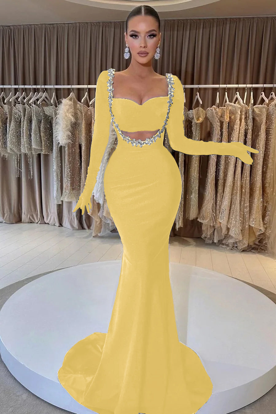 Black Mermaid Prom Dress Long Sleeve Sweetheart Beaded Formal Dress