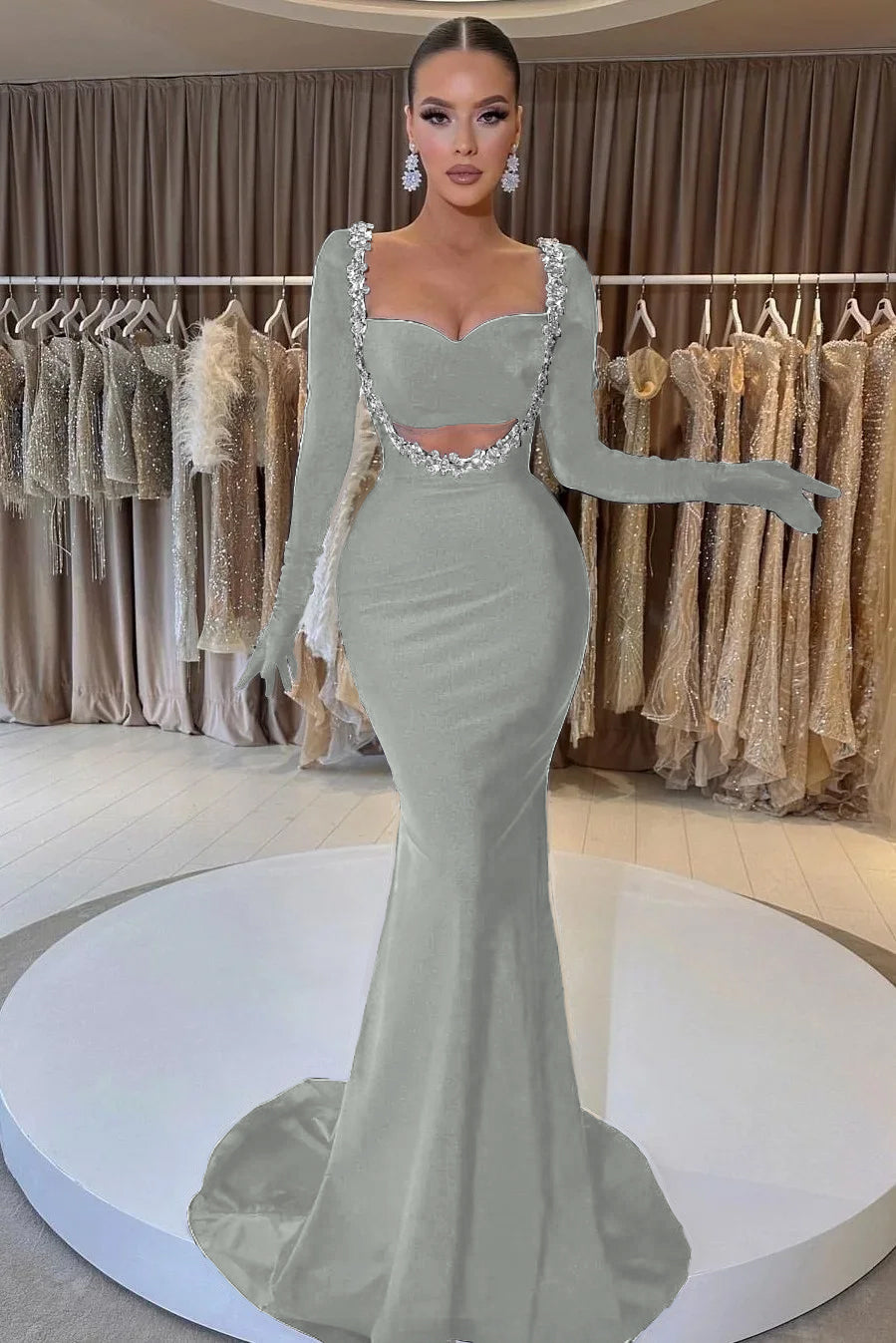 Black Mermaid Prom Dress Long Sleeve Sweetheart Beaded Formal Dress