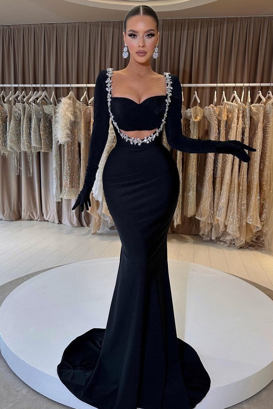 Black Mermaid Prom Dress Long Sleeve Sweetheart Beaded Formal Dress