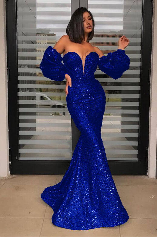 Black Mermaid Prom Dress Long Sleeve Sweetheart Sequined Formal Dress