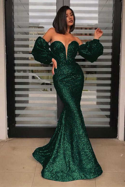 Black Mermaid Prom Dress Long Sleeve Sweetheart Sequined Formal Dress