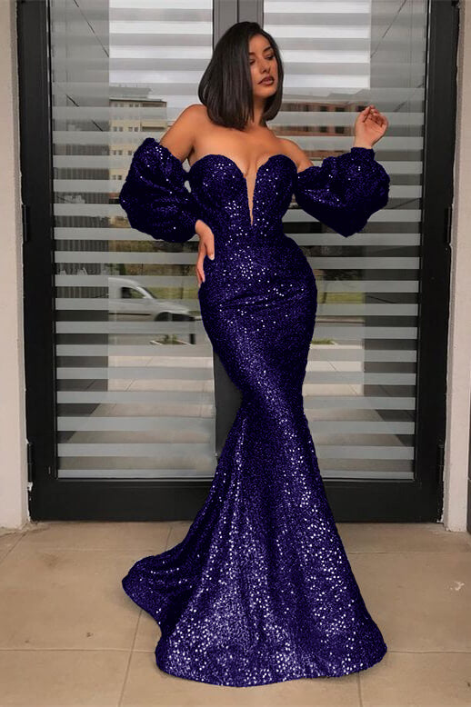 Black Mermaid Prom Dress Long Sleeve Sweetheart Sequined Formal Dress