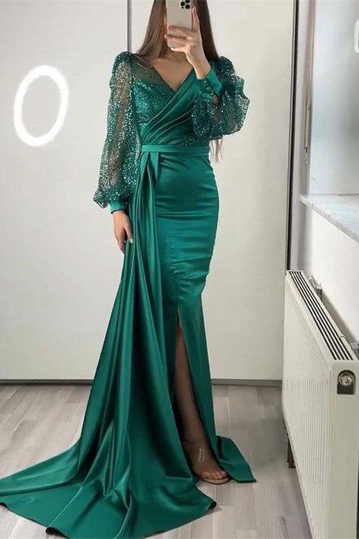 Black Mermaid Prom Dress Long Sleeve V Neck Satin Sequined Formal Dress