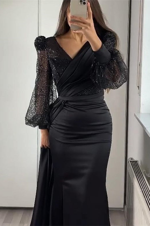 Black Mermaid Prom Dress Long Sleeve V Neck Satin Sequined Formal Dress