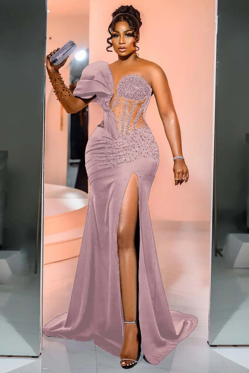 Black Mermaid Prom Dress One Shoulder Beaded Formal Dress