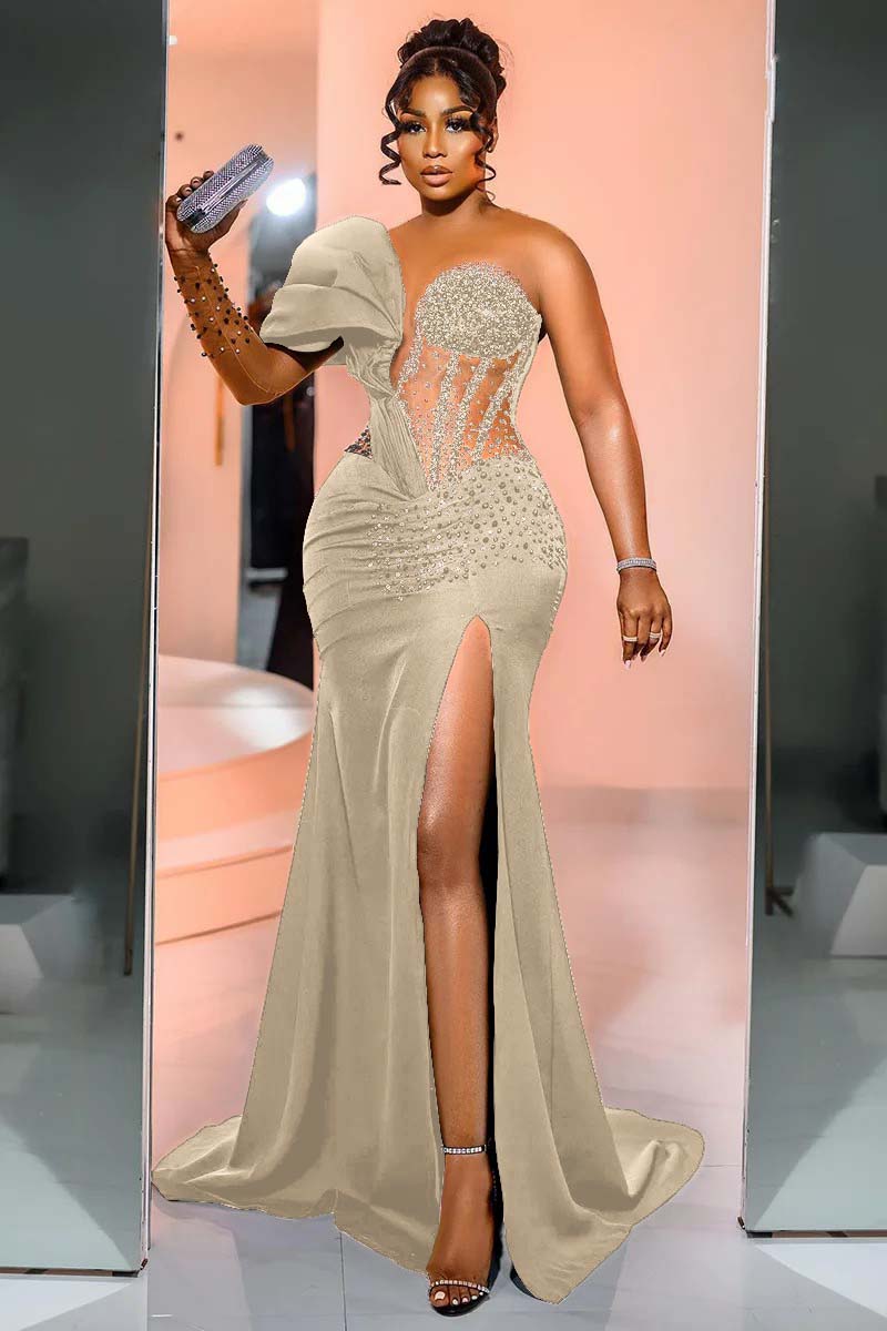 Black Mermaid Prom Dress One Shoulder Beaded Formal Dress