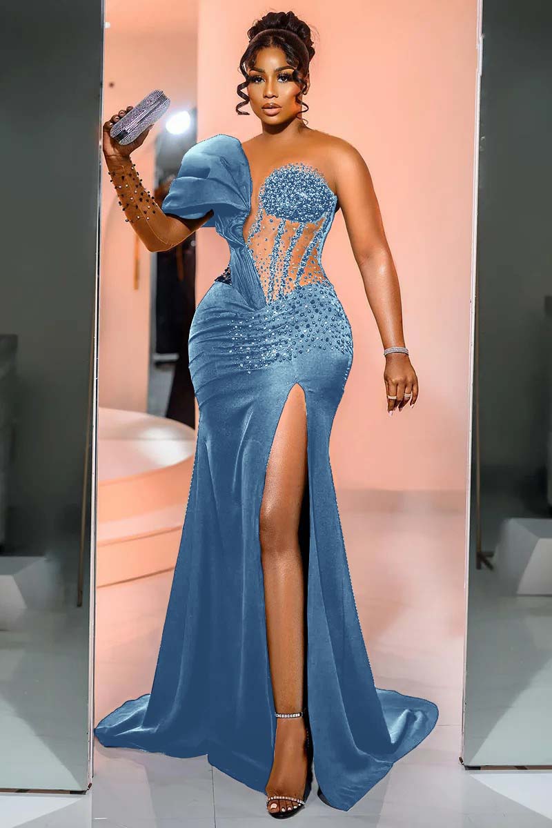 Black Mermaid Prom Dress One Shoulder Beaded Formal Dress