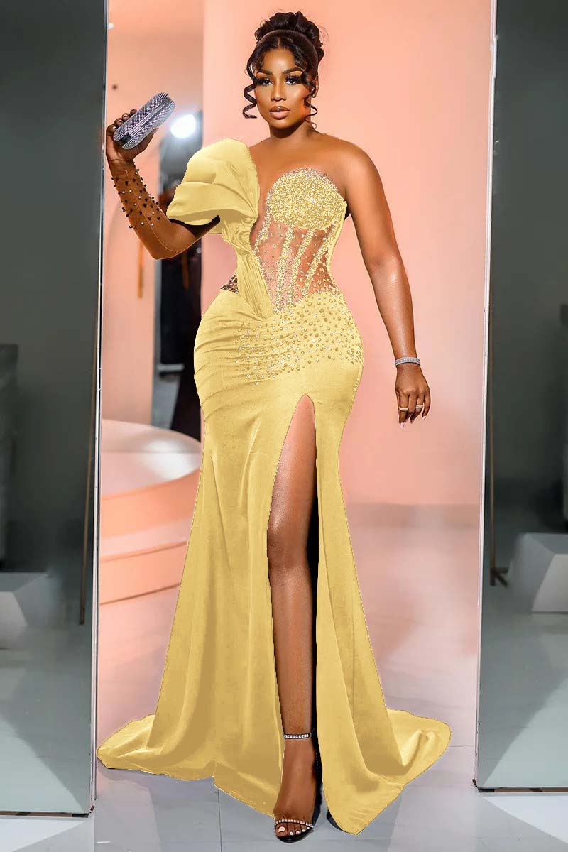 Black Mermaid Prom Dress One Shoulder Beaded Formal Dress