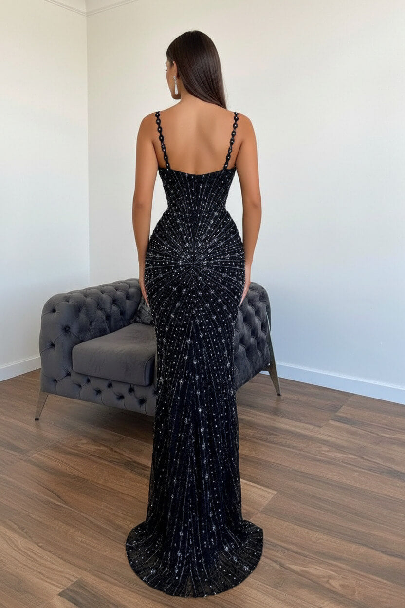 Black Mermaid Prom Dress Sleeveless Beaded Spaghetti Straps Formal Dress