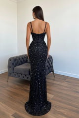 Black Mermaid Prom Dress Sleeveless Beaded Spaghetti Straps Formal Dress