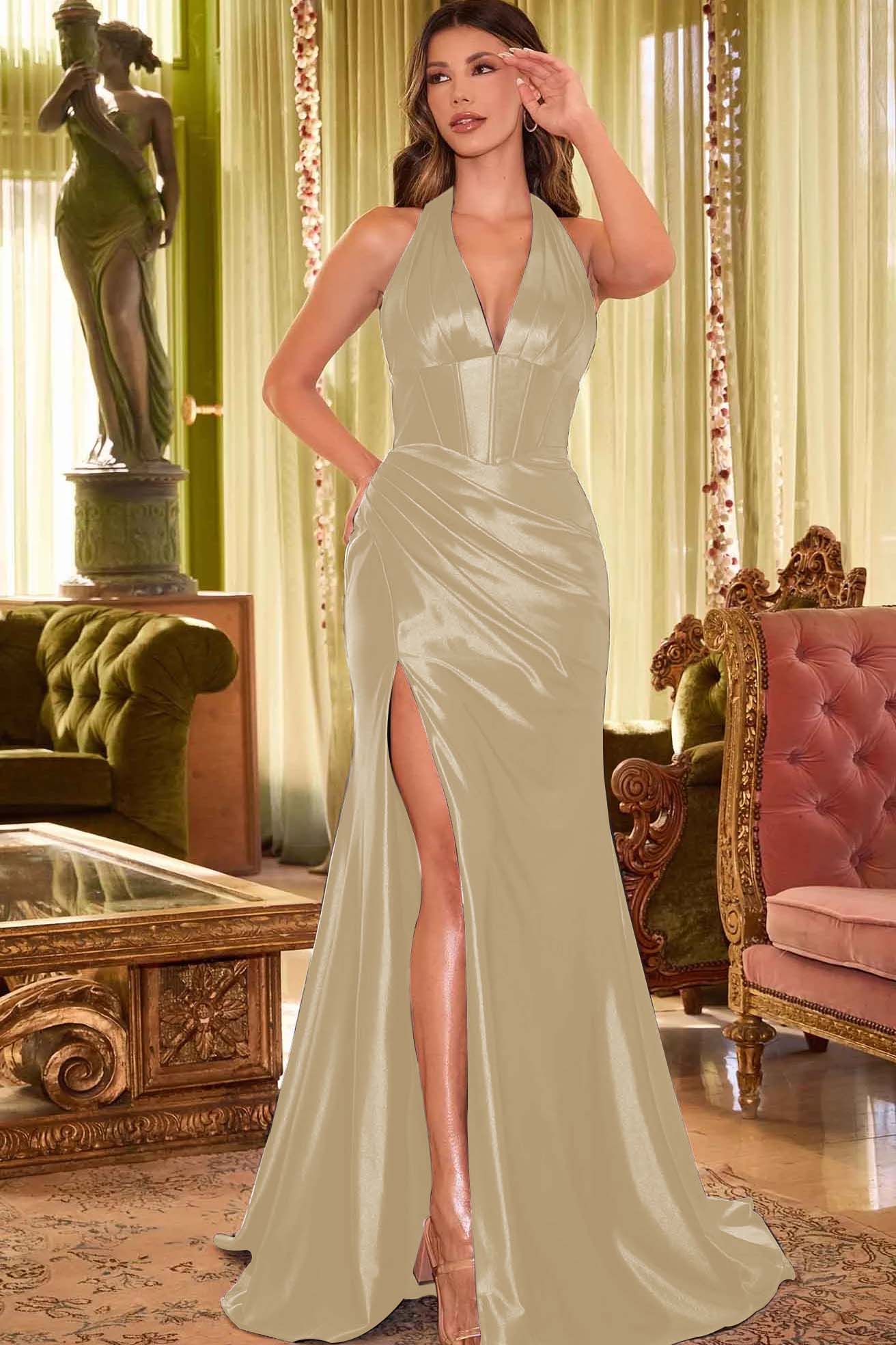 Black Mermaid Prom Dress Sleeveless Halter Neck Satin Formal Dress