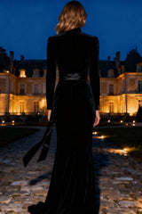 Black Mermaid Velvet Long Sleeves Holiday Party Dress With Sash