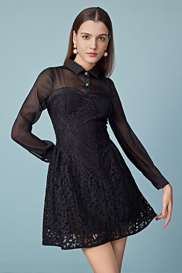 Black Mini Long Sleeve A Line Casual Holiday Dress