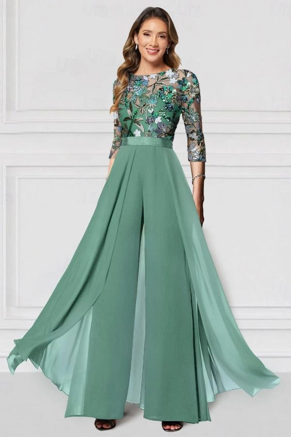 Black Mother of the Bride Pantsuit 3/4 Sleeve Wedding Guest Dress Pantsuit with Lace Appliques