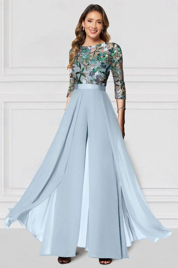 Black Mother of the Bride Pantsuit 3/4 Sleeve Wedding Guest Dress Pantsuit with Lace Appliques