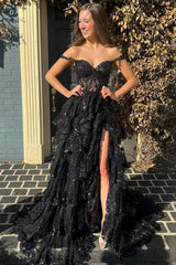 Black Off The Shoulder Tiered Lace Prom Dress with Slit