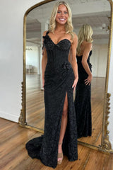 Black One Shoulder Beaded Corset Prom Dress With Floral Appliques And Chain Detail Formal Evening Gown