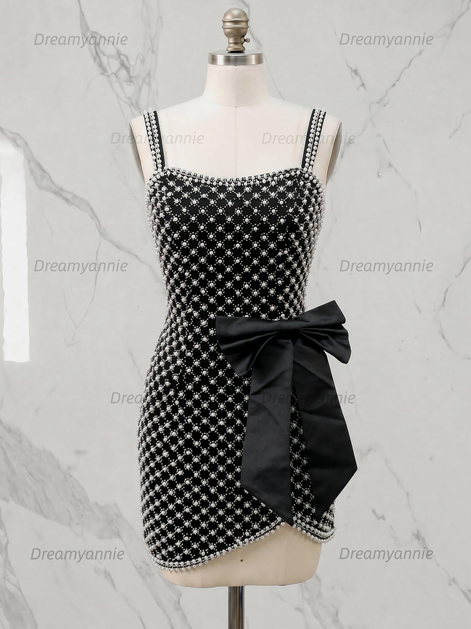 Black Pearl Lattice Short Homecoming Dresses with Satin Bow