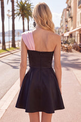 Black Pink A Line Short Beaded One Shoulder Homecoming Dress with Bow