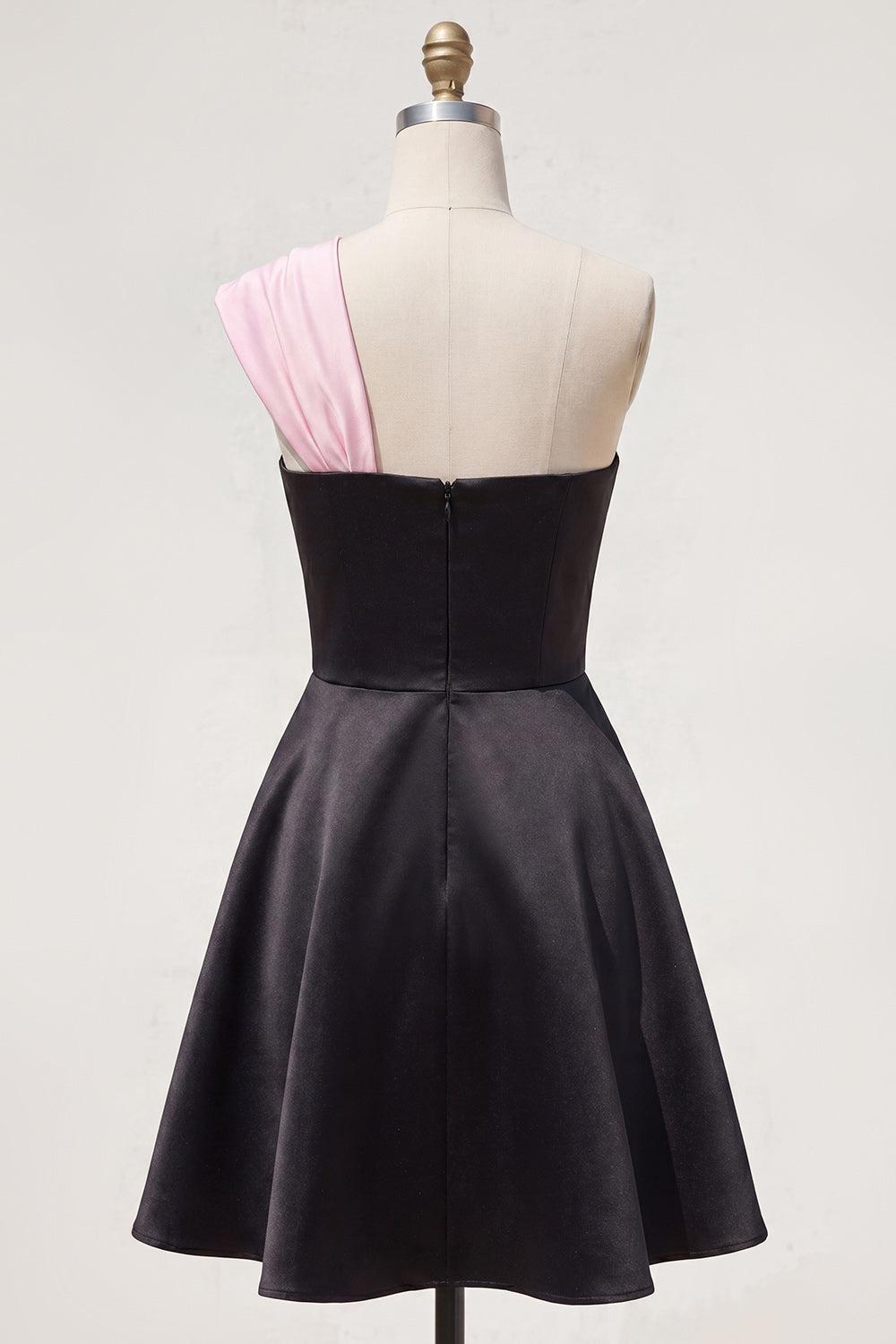 Black Pink A Line Short Beaded One Shoulder Homecoming Dress with Bow