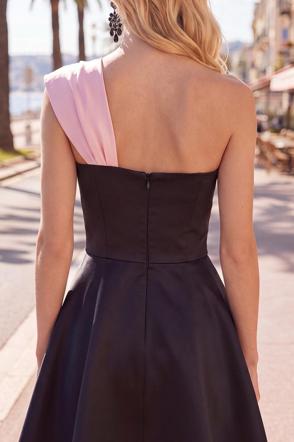 Black Pink A Line Short Beaded One Shoulder Homecoming Dress with Bow