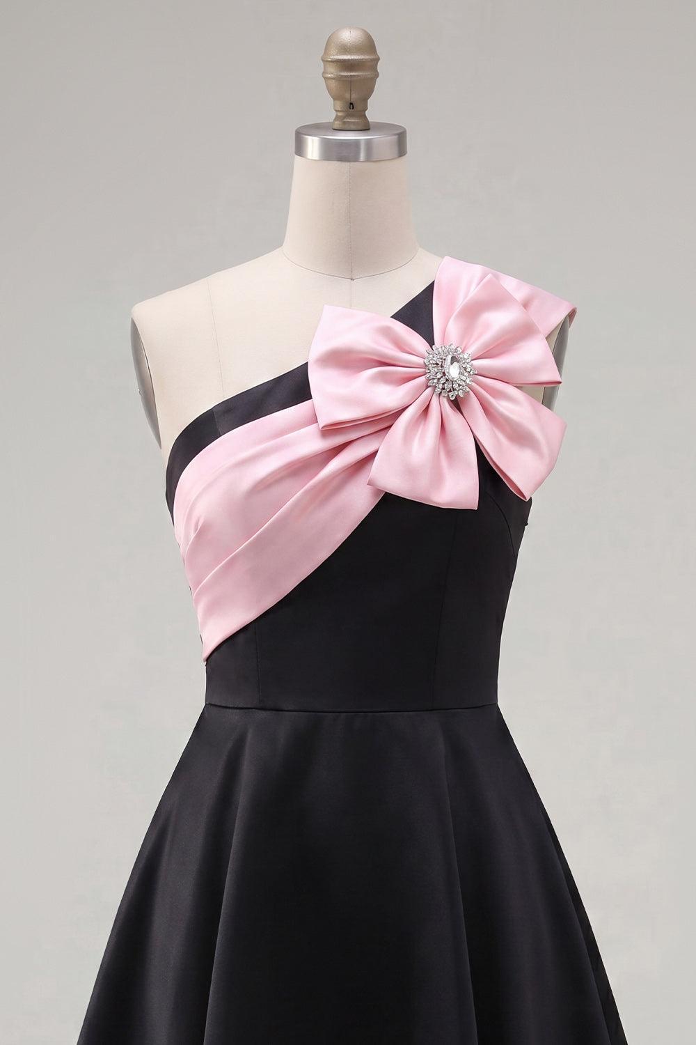 Black Pink A Line Short Beaded One Shoulder Homecoming Dress with Bow