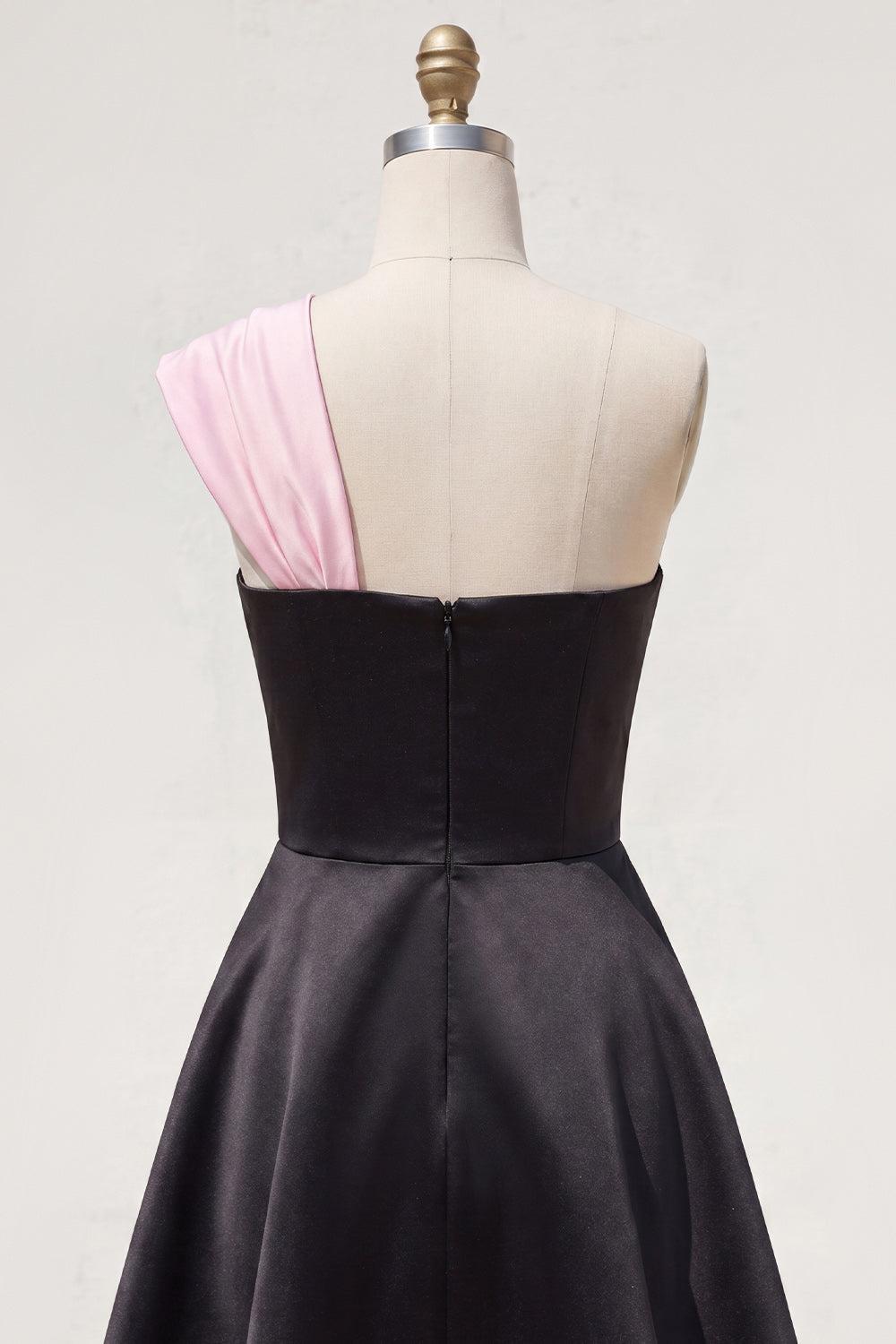 Black Pink A Line Short Beaded One Shoulder Homecoming Dress with Bow