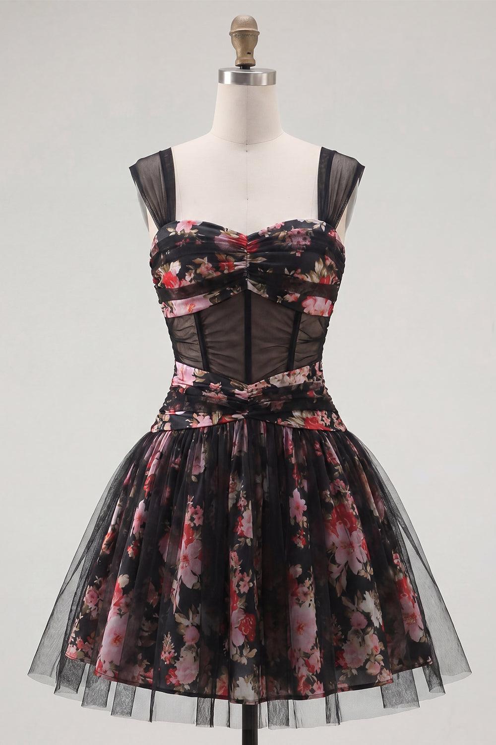 Black Pink Floral Ruched Corset A Line Short Homecoming Dress