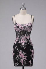 Spaghetti Straps Black Pink Flower Tight Short Corset Homecoming Dress