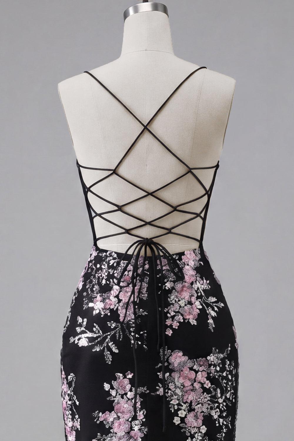 Spaghetti Straps Black Pink Flower Tight Short Corset Homecoming Dress