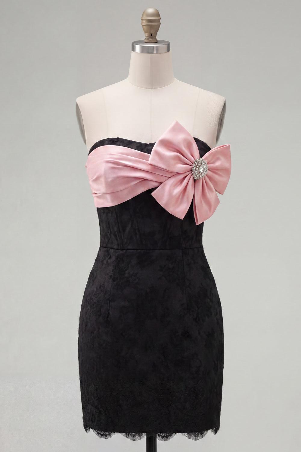 Black Pink Floral Tight Short Strapless Beaded Corset Homecoming Dress with Bow