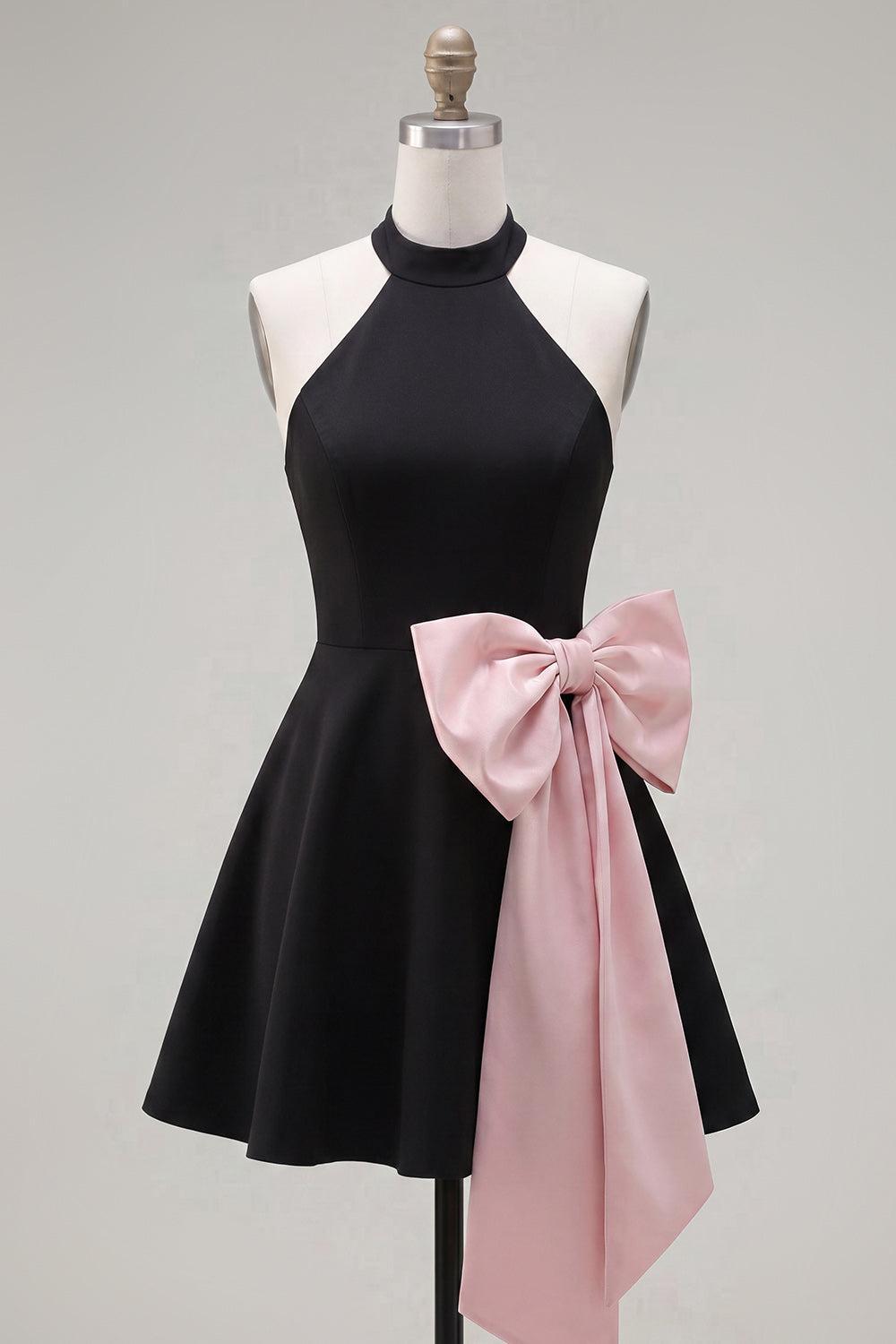 Black Pink Short High Neck A Line Homecoming Dress with Bow