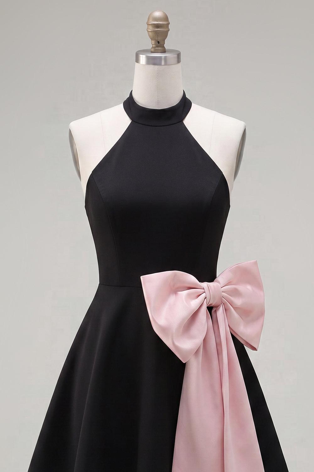 Black Pink Short High Neck A Line Homecoming Dress with Bow