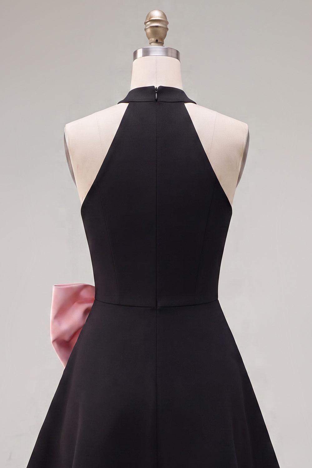 Black Pink Short High Neck A Line Homecoming Dress with Bow