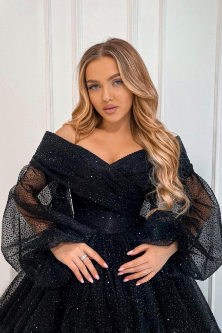 Black Prom Dress A Line Ankle Length Off The Shoulder Formal Dress With Sleeves