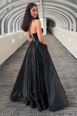 Black Prom Dress A Line Lace Satin Formal Dress