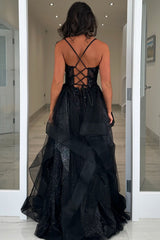 Black Prom Dress A-Line Ruffles Spaghetti Straps Long Formal Dress