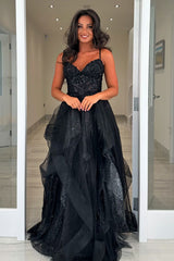 Black Prom Dress A-Line Ruffles Spaghetti Straps Long Formal Dress