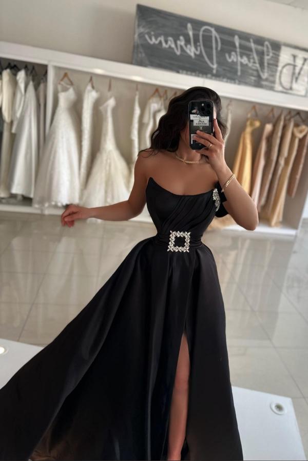Black Prom Dress A Line Strapless Sleeveless Satin Simple Formal Dress With Sash