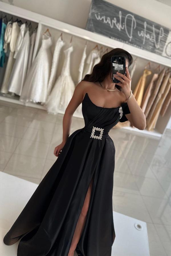 Black Prom Dress A Line Strapless Sleeveless Satin Simple Formal Dress With Sash