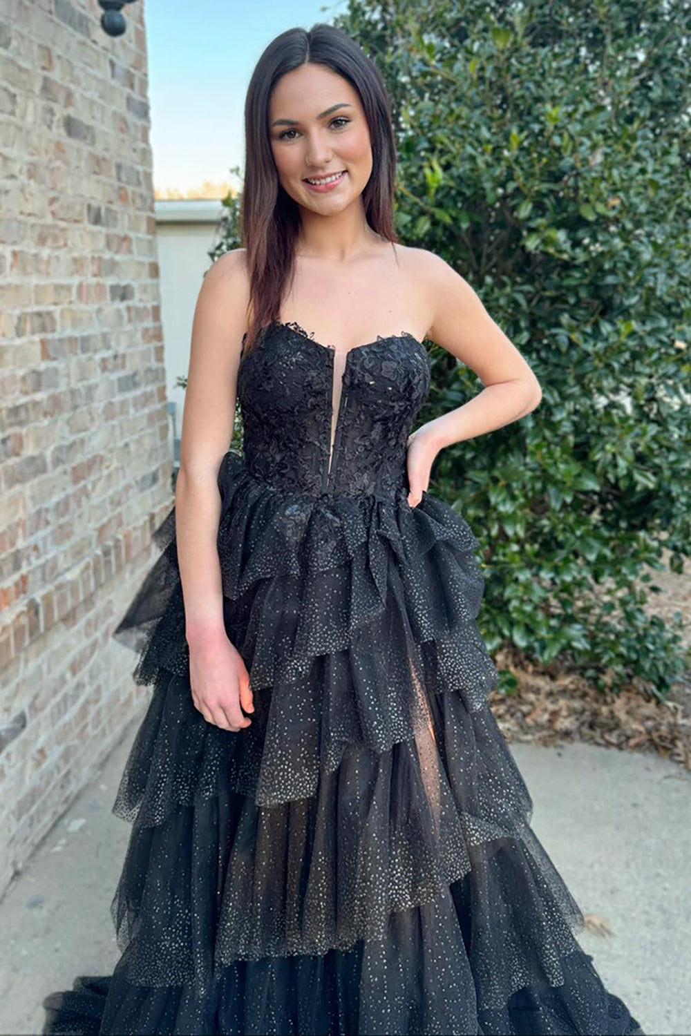 Black Prom Dress A-Line Tiered Sweetheart Long Formal Dress With Slit