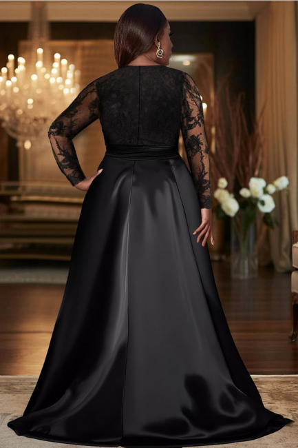 Black Prom Dress A Line V Neck Lace Sleeves Satin Formal Dress With Slit