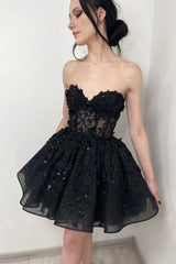 Black Prom Dress Ball Gown Sweetheart Lace Sleeveless Sequined Tulle Mini Formal Dress With Appliques